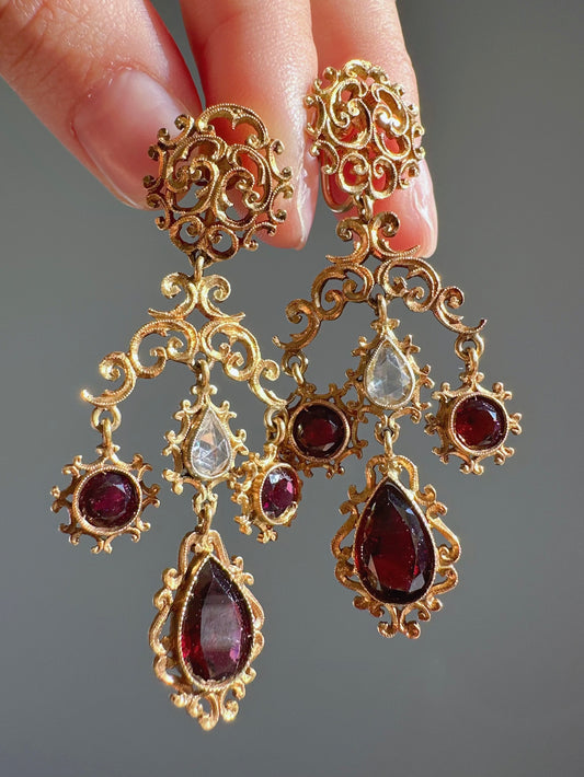 Georgian 18K Gold Rose Cut Diamond Garnet Drop Chandelier Earring