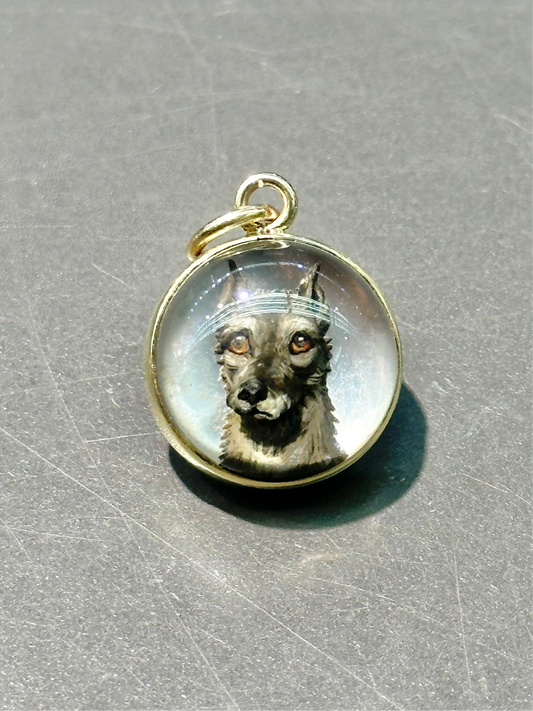 古董 14K 金反向彩绘埃塞克斯水晶德国牧羊犬吊坠