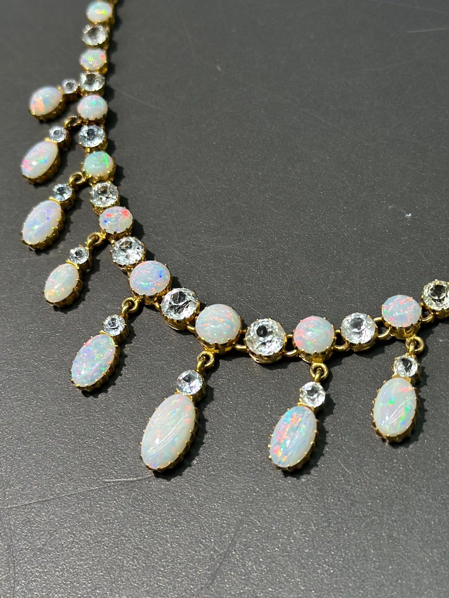 Victorian 15K Gold Opal Sapphire Fringe Necklace