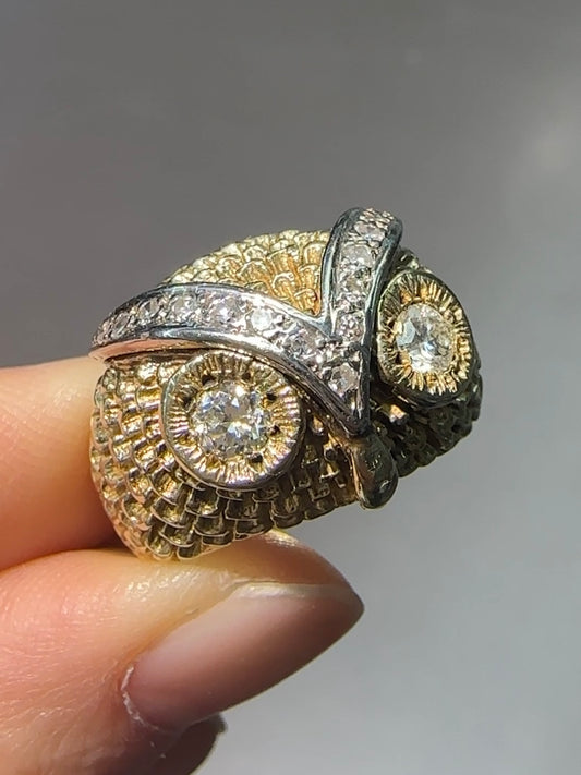 Vintage 14K Yellow Gold 0.65 CTW Diamond Owl Ring