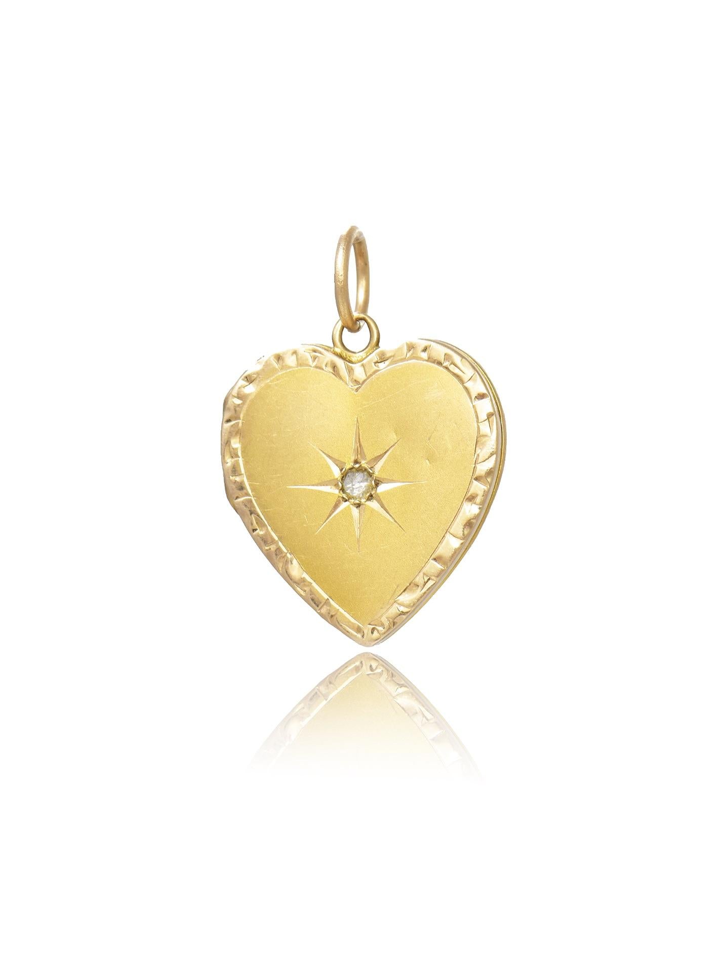 Vintage 14K Gold Diamond Starburst Heart Locket Pendant