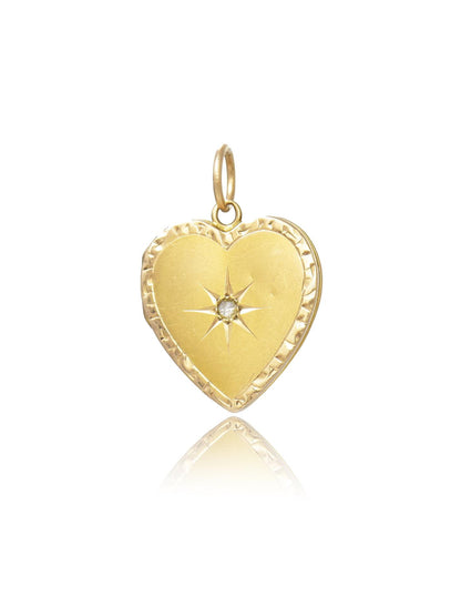 Vintage 14K Gold Diamond Starburst Heart Locket Pendant
