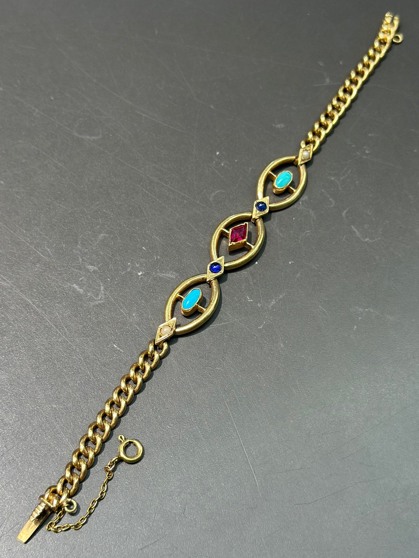 Edwardian 18K Gold Ruby Sapphire Turquoise Pearl Curb Link Bracelet