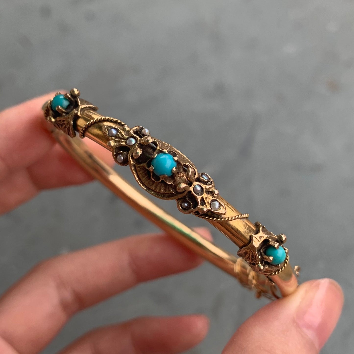 Antique Victorian 14K Gold Natural Turquoise and Seed Bracelet Bangle