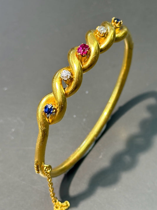 Antique 18K Gold Natural Sapphire Diamond Ruby Bangle Bracelet