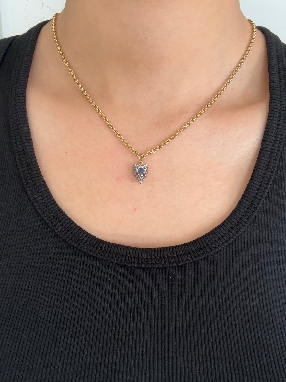 Antique Silver Topped 14K Yellow Gold Natural Sapphire Diamond Fox Charm