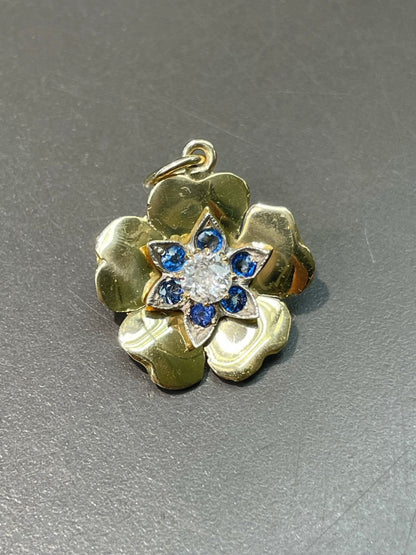 Vintage 18K Yellow Gold 0.45 CTW Diamond Sapphire Flower Charm Pendant