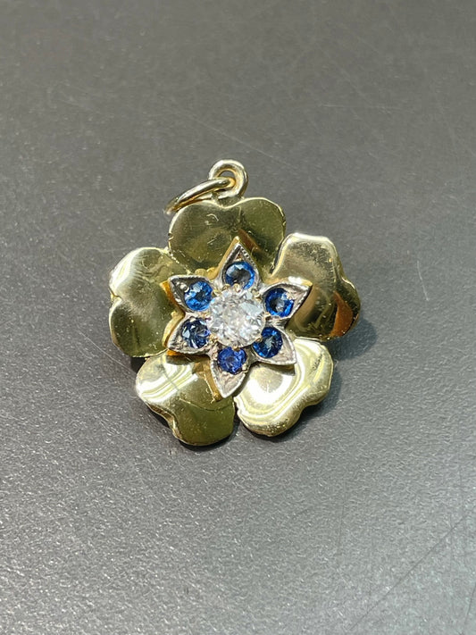 Vintage 18K Yellow Gold 0.45 CTW Diamond Sapphire Flower Charm Pendant