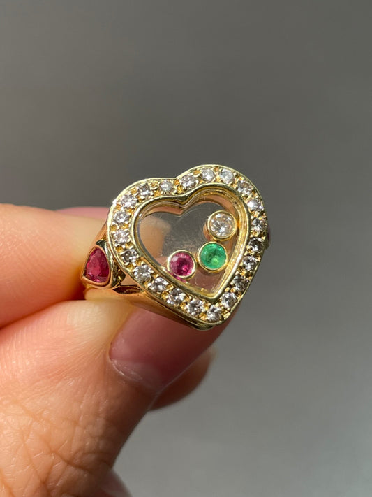 18K Yellow Gold Diamond Sapphire Ruby Floating Heart Ring