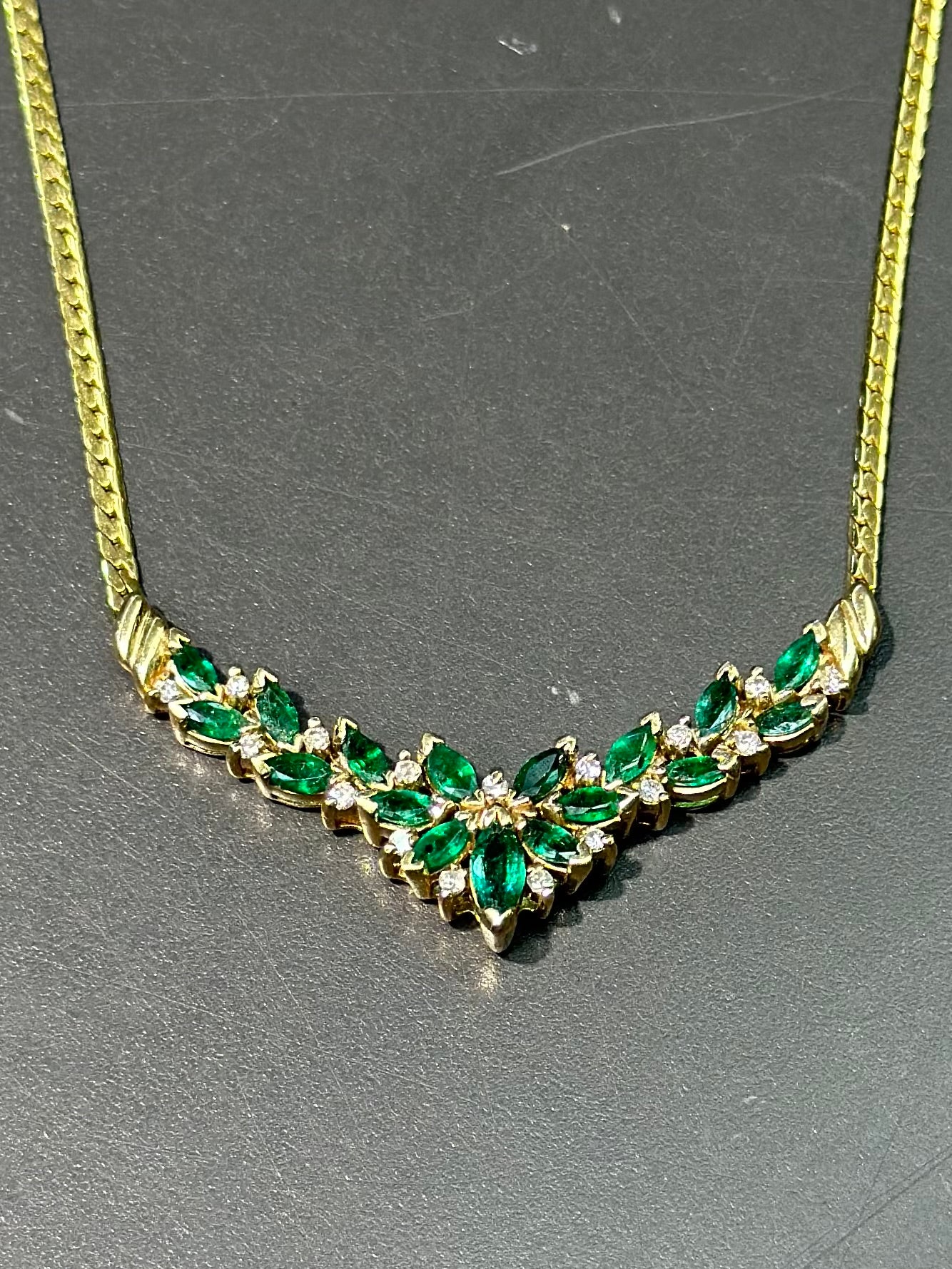 Vintage 14K Gold Marquise Emerald Diamond Cluster Necklace