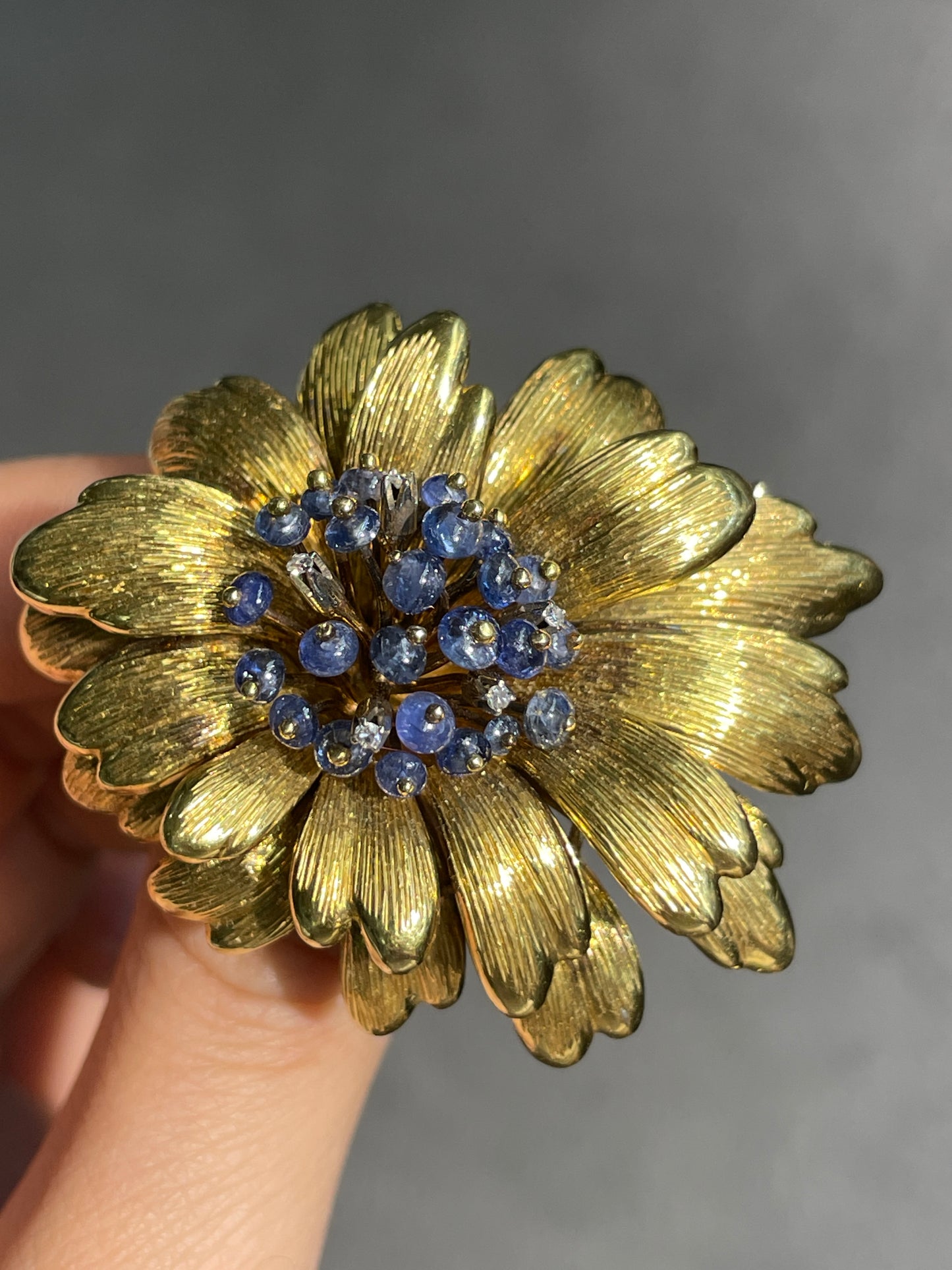 Vintage Tiffany & Co. 18K Gold Sapphire Diamond Flower Brooch