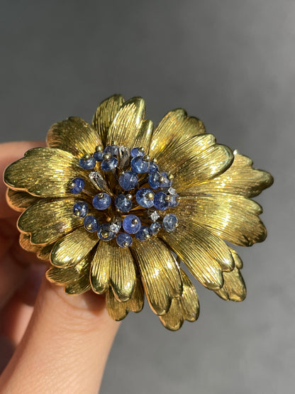 Vintage Tiffany & Co. 18K Gold Sapphire Diamond Flower Brooch