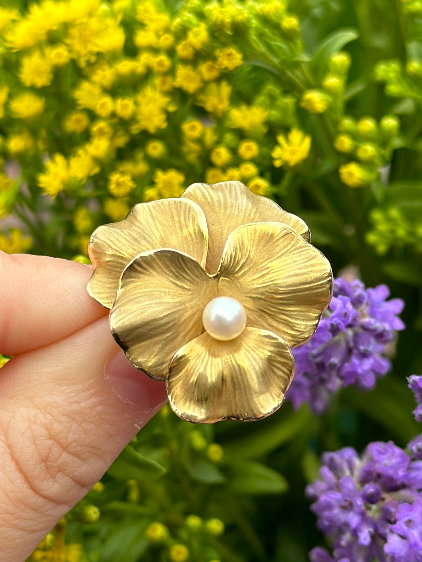 Vintage 14K Gold Pearl Pansy Flower Brooch