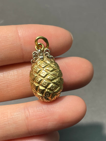 复古 18K 双色金大号菠萝吊坠