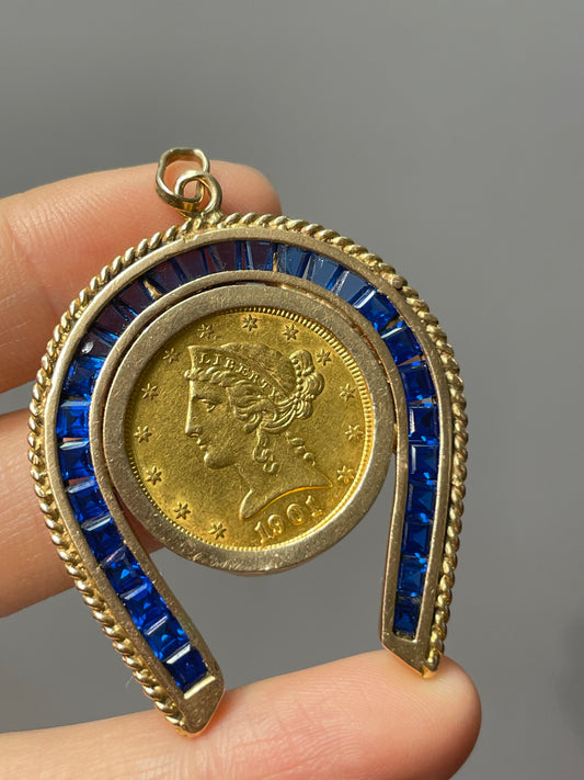 Vintage 18K Yellow Gold Sapphire Horse Shoe 1901 Liberty Coin Pendant