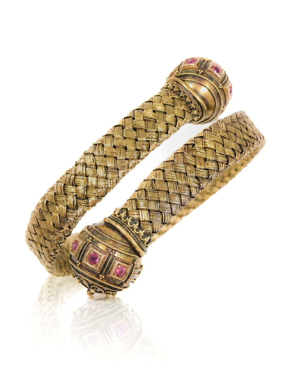 Victorian 14K Gold Ruby Orb Woven Bypass Bangle Bracelet