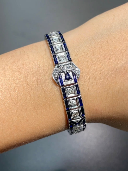 Art Deco Platinum 2.94 CTW Diamond Sapphire Buckle Bracelet