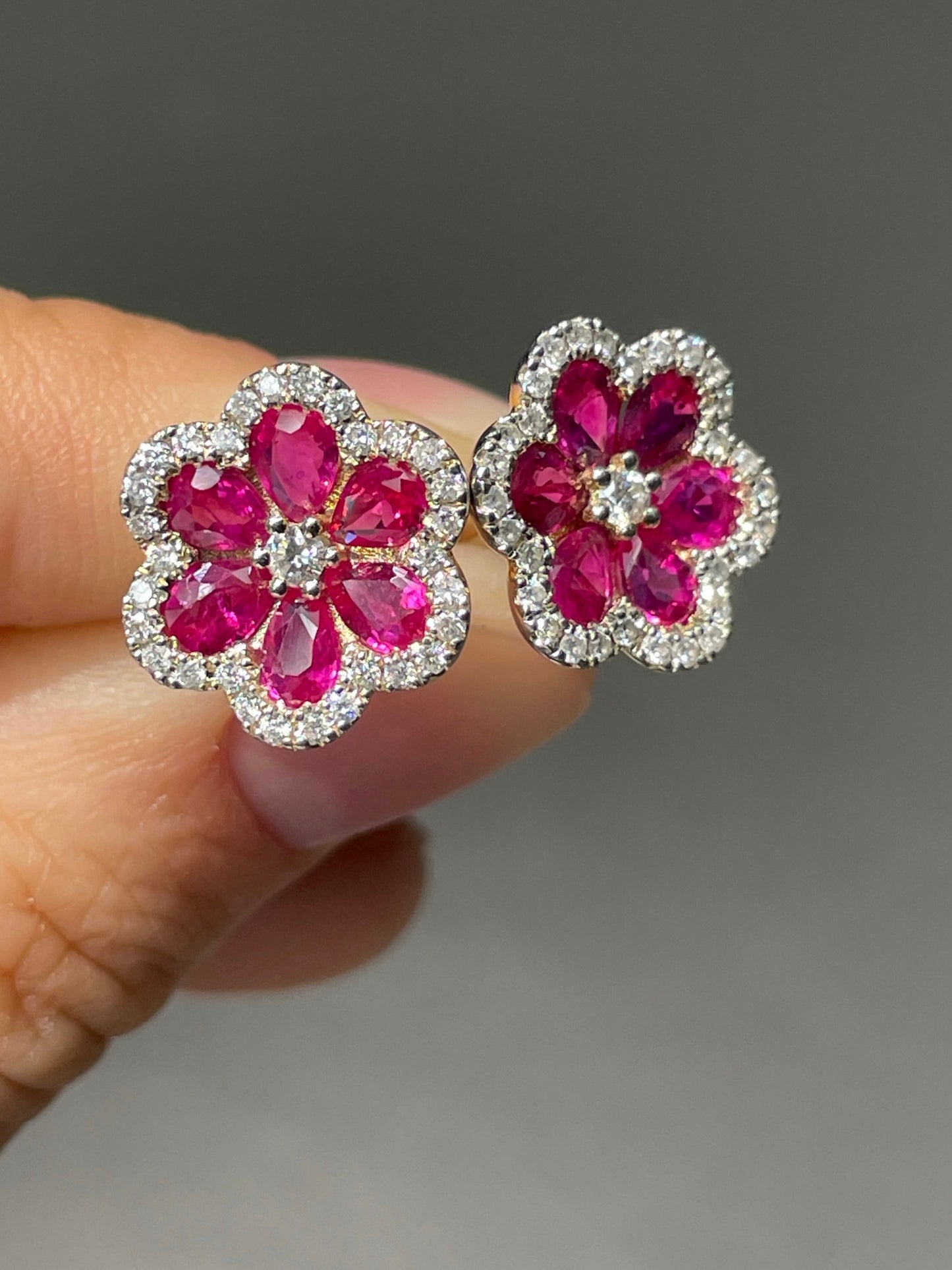 14K Gold Ruby Diamond Flower Stud Earring