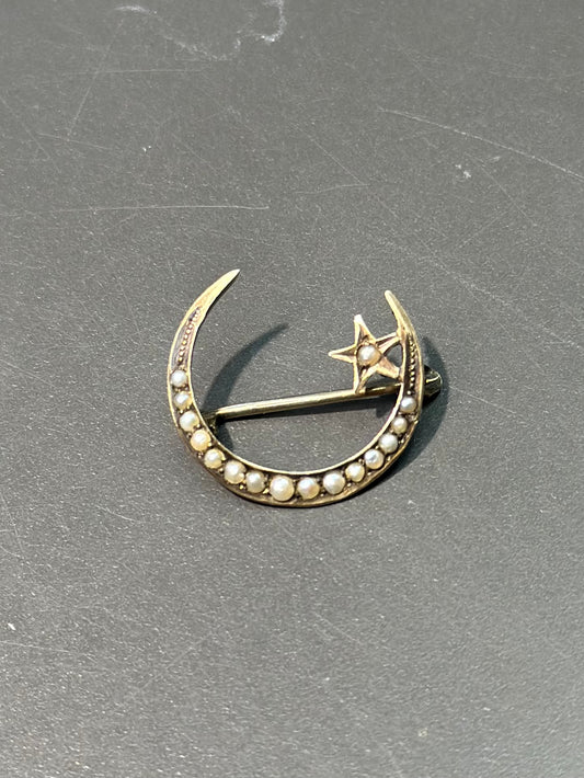 Antique 10K Gold Seed Pearl Crescent Brooch