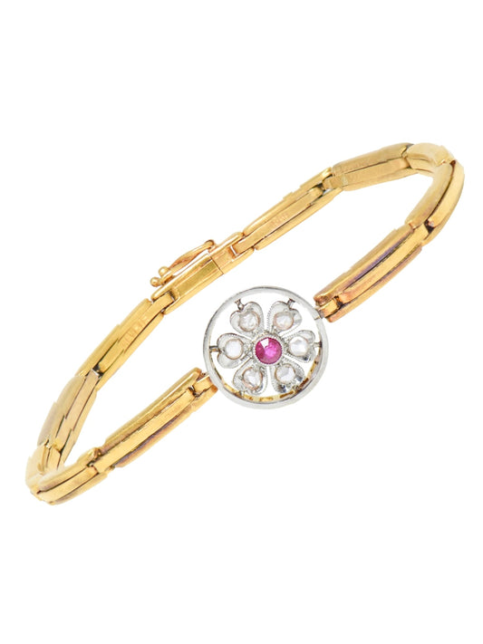 Antique 18K Gold Diamond Ruby Floral Cluster Mesh Bracelet