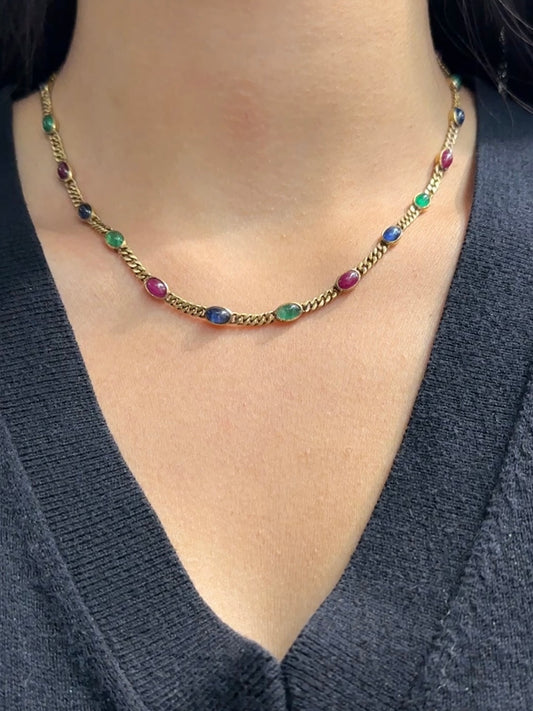 Vintage 14K Gold Emerald Sapphire and Ruby Curb Link Necklace