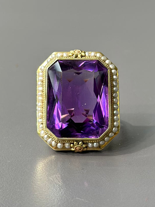 Art Deco 14K Gold Amethyst Seed Pearl Hexagon Shaped Ring