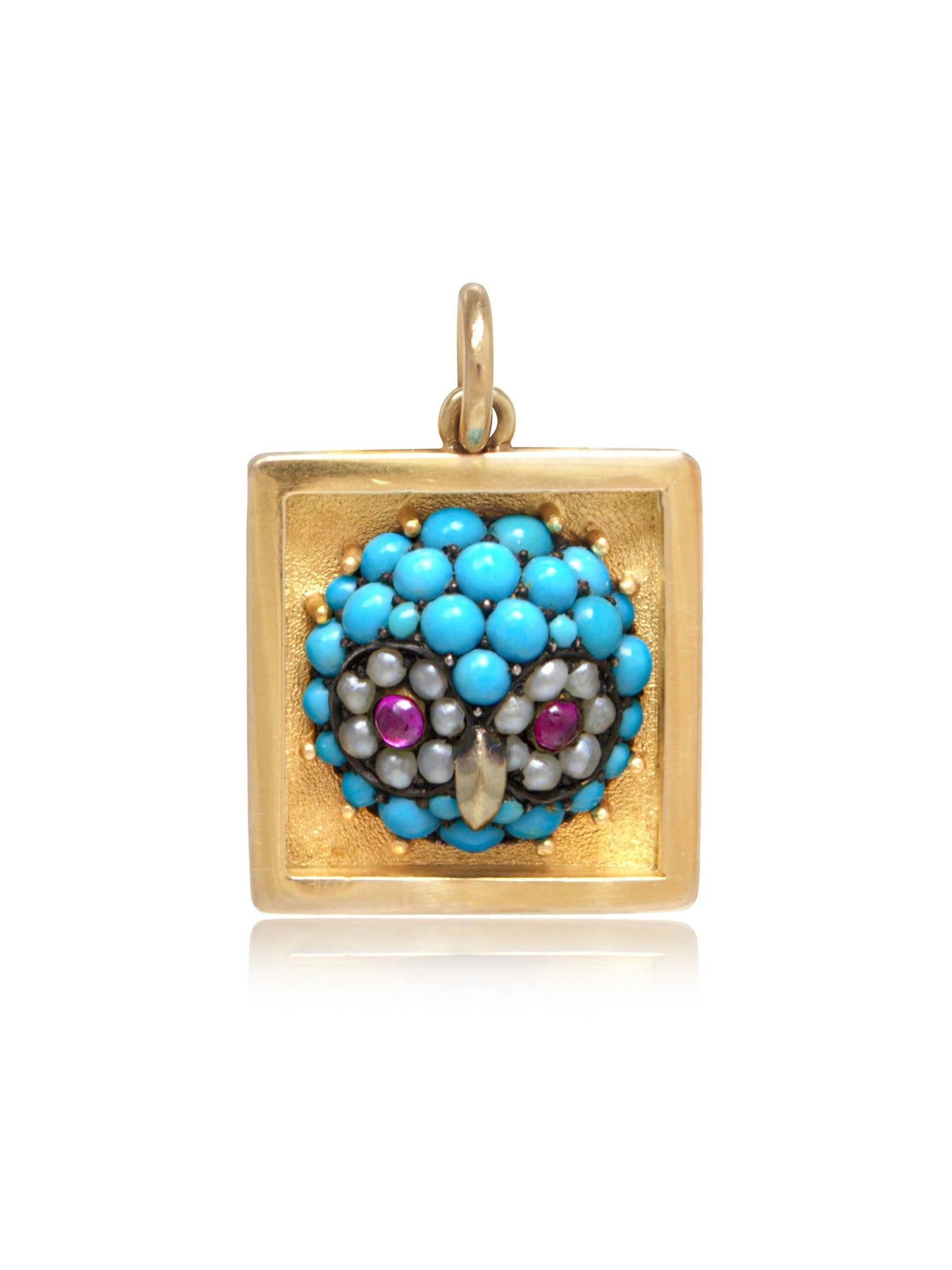 Victorian 14K Gold Turquoise Ruby Pearl Owl Pave Pendant