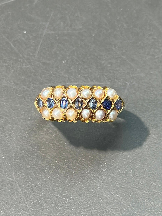 Victorian 15K Gold Sapphire Natural Pearl Ring