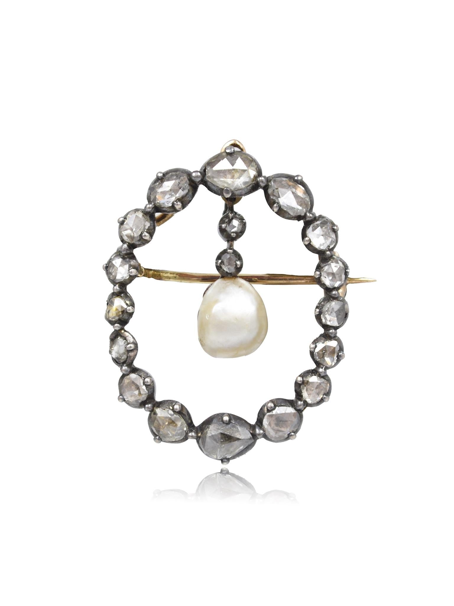 Antique French 18K Gold Topped Silver Natural Saltwater Pearl Diamond Brooch