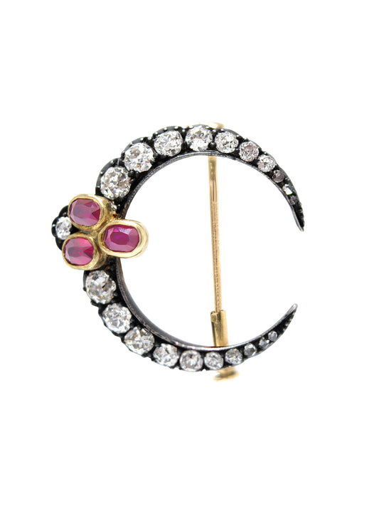 Antique Silver Topped 14K Yellow Gold 2.25 CTW Diamond Ruby Crescent Brooch