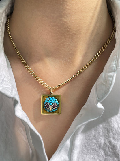 Victorian 14K Gold Turquoise Ruby Pearl Owl Pave Pendant