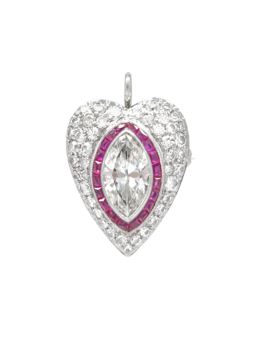 Art Deco Platinum 1.10 CTW Marquise Shaped Diamond Ruby Heart Pendant Brooch