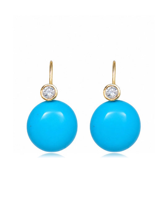 14K Gold Sleeping Beauty Turquoise Diamond Bezel Drop Earring