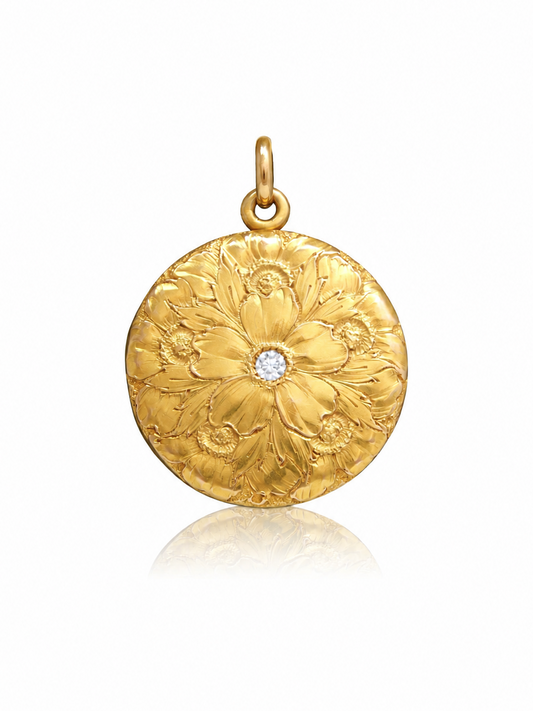 Antique 14K Gold Diamond Floral Engraving Locket Pendant