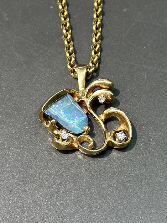 复古 14K 金砾石蛋白石钻石吊坠