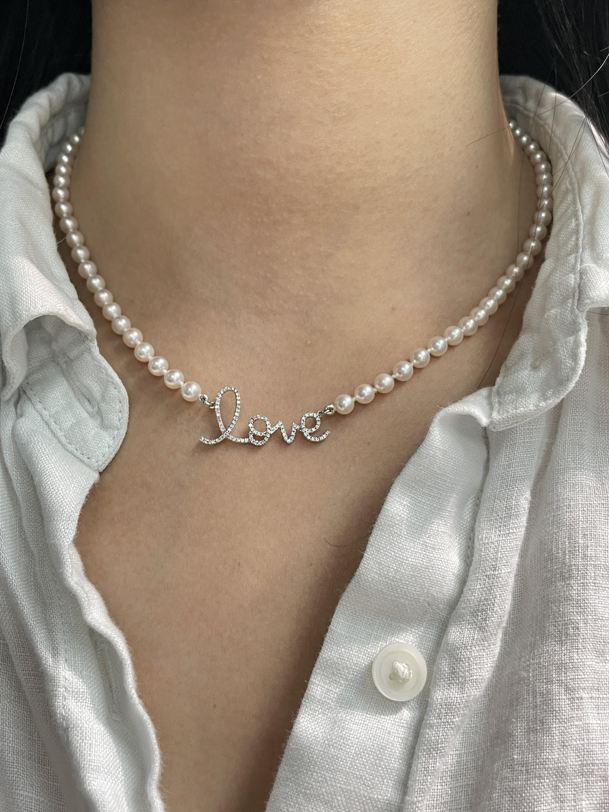 14K Gold Diamond LOVE Akoya Pearl Necklace