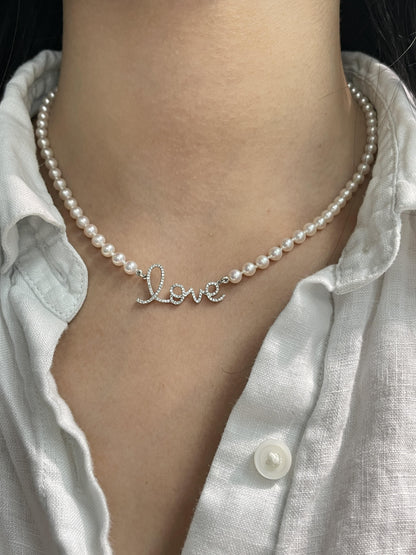 14K Gold Diamond LOVE Akoya Pearl Necklace