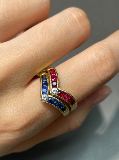 Vintage 14K Gold Emerald Ruby Sapphire Diamond Stacking Ring SZ 8