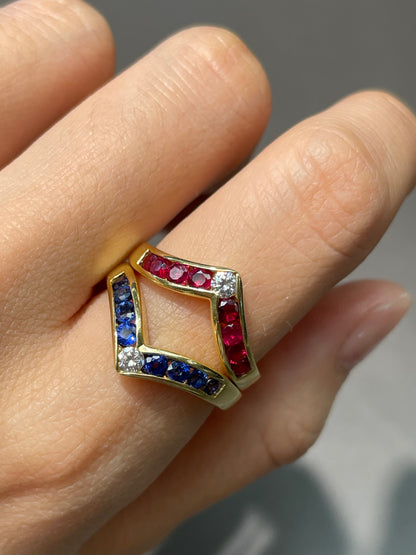 Vintage 14K Gold Emerald Ruby Sapphire Diamond Stacking Ring SZ 8