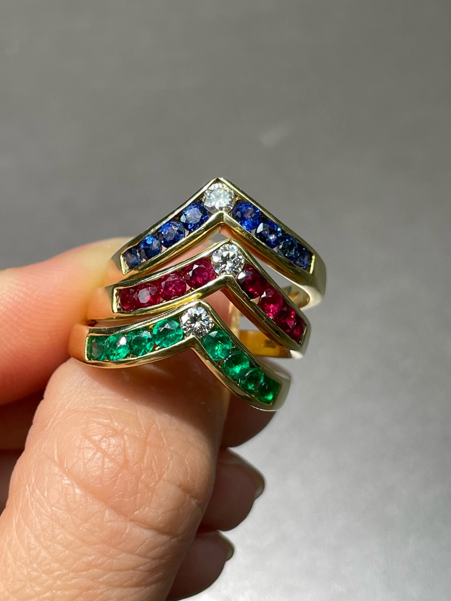 Vintage 14K Gold Emerald Ruby Sapphire Diamond Stacking Ring SZ 8