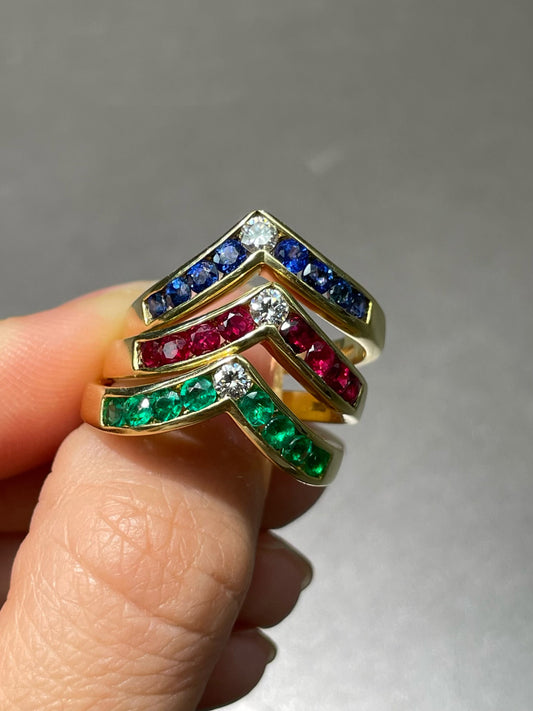 Vintage 14K Gold Emerald Ruby Sapphire Diamond Stacking Ring SZ 8