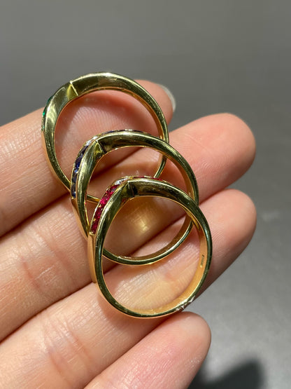 Vintage 14K Gold Emerald Ruby Sapphire Diamond Stacking Ring SZ 8