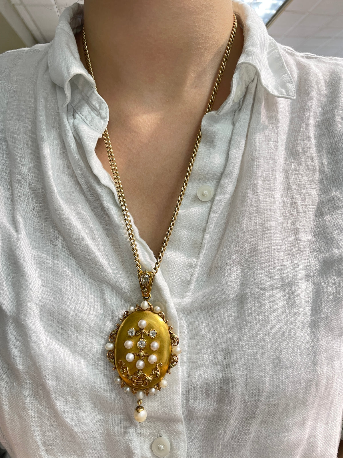Antique French 18K Gold Natural Pearl Diamond Locket