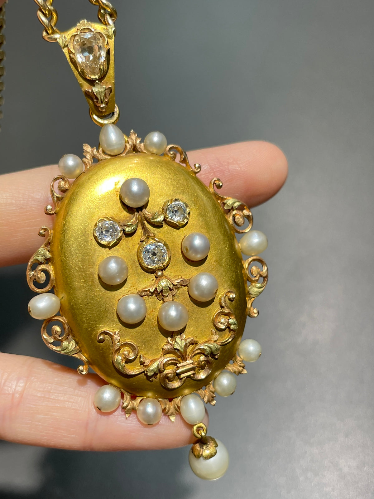 Antique French 18K Gold Natural Pearl Diamond Locket
