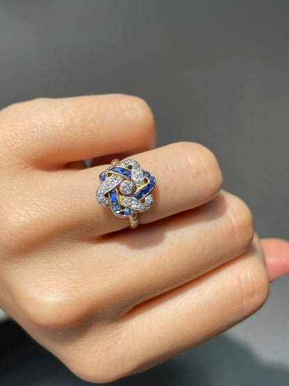 Antique 14K Gold Platinum Sapphire Diamond Knot Ring