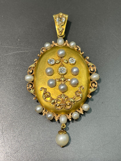 Antique French 18K Gold Natural Pearl Diamond Locket