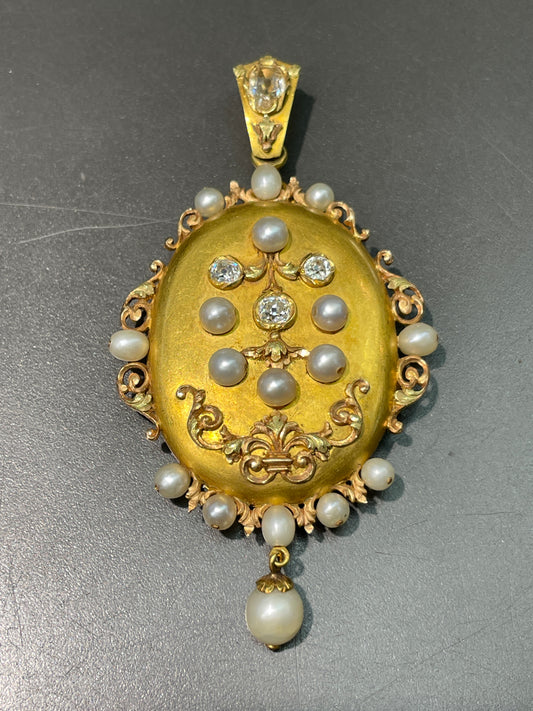 Antique French 18K Gold Natural Pearl Diamond Locket