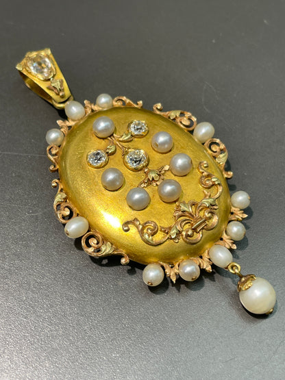 Antique French 18K Gold Natural Pearl Diamond Locket