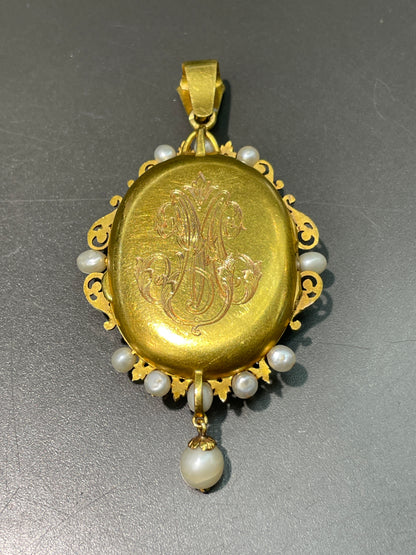 Antique French 18K Gold Natural Pearl Diamond Locket