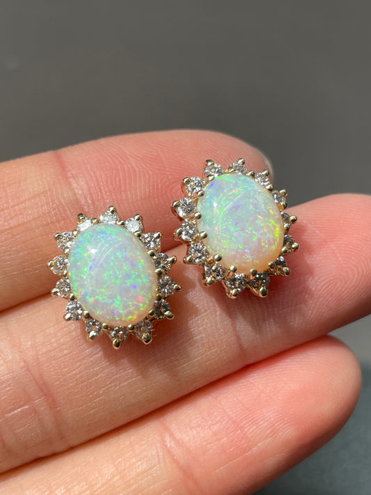 14K Gold Opal Diamond Halo Earring